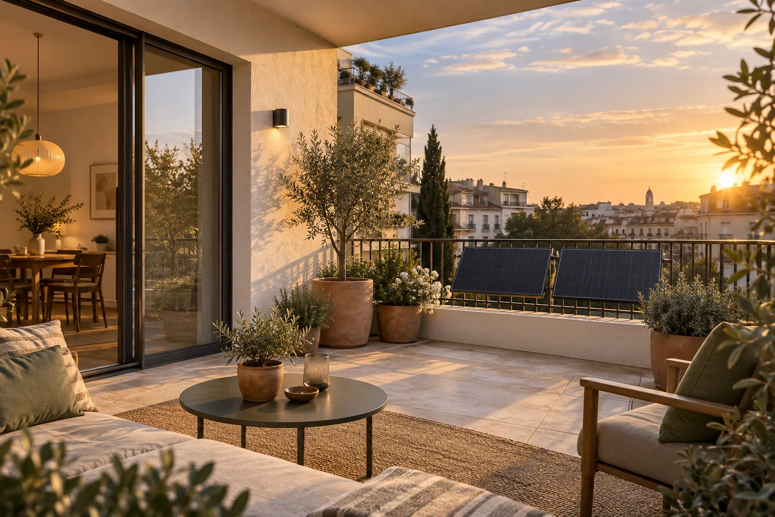 Solar panels beside a terrace in evening light